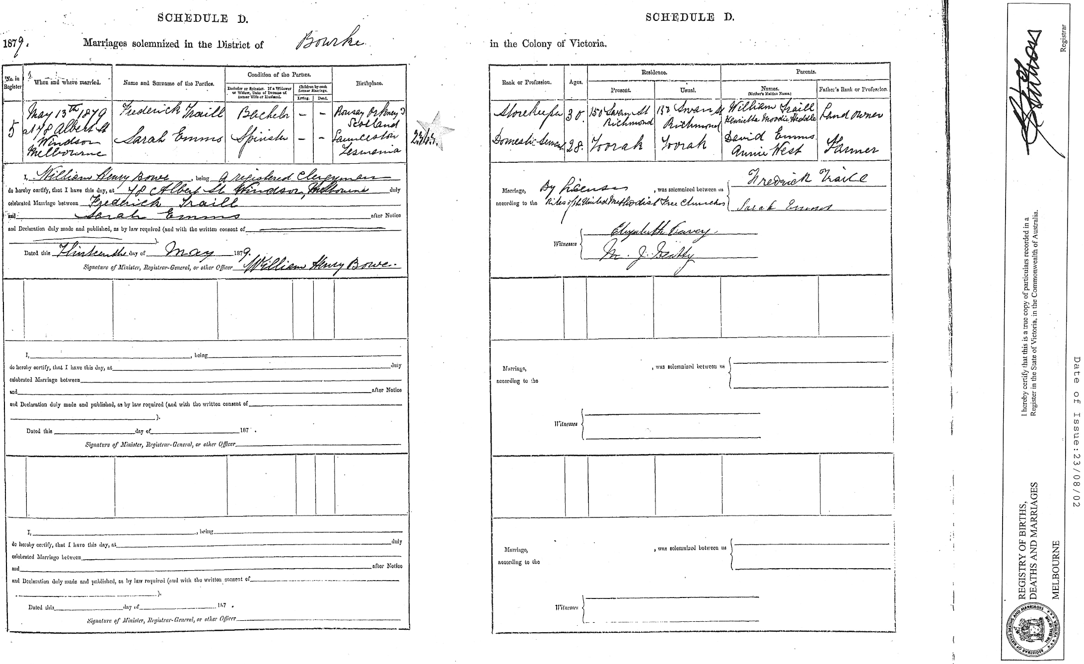 marriage record - frederick traill + sarah emms 1879.png